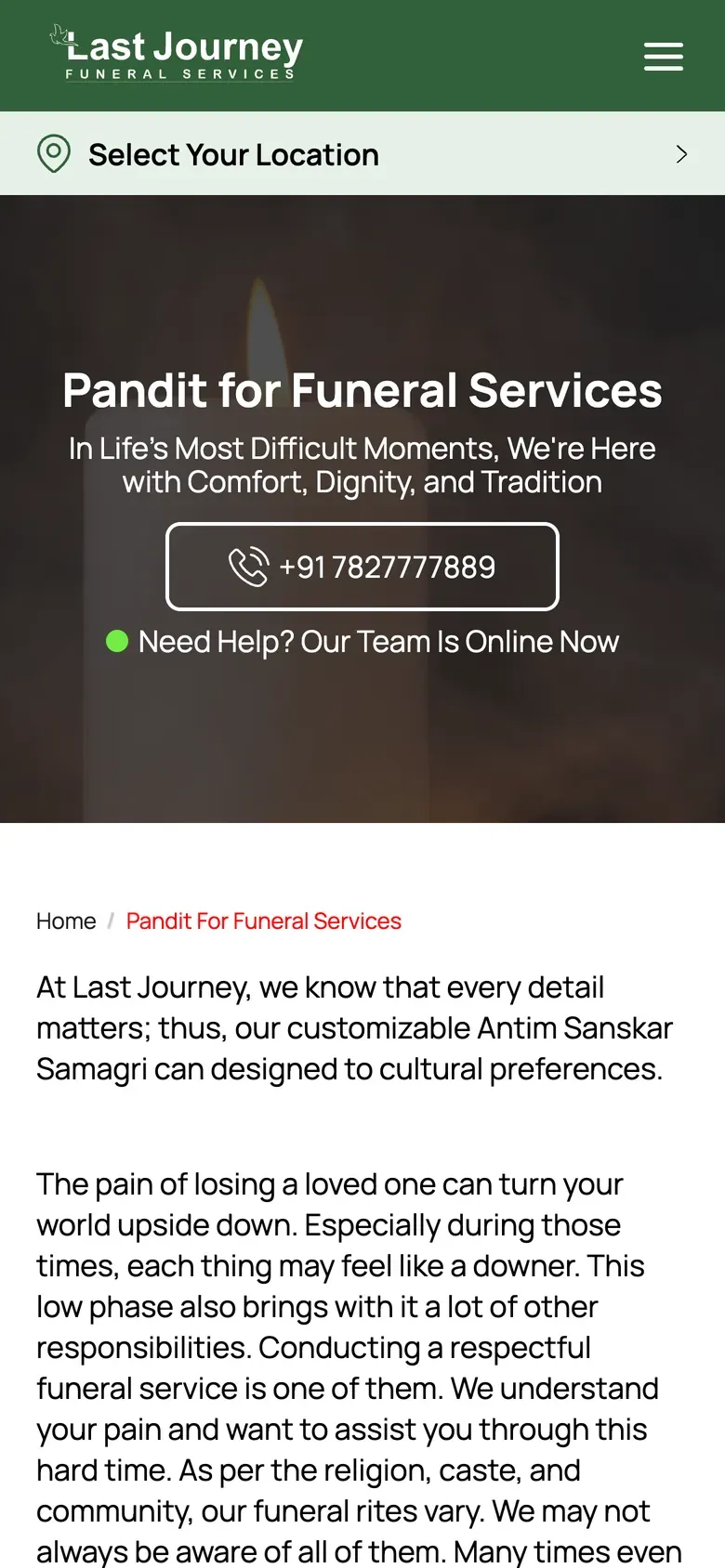 Last Journey by FNP: service page on mobile